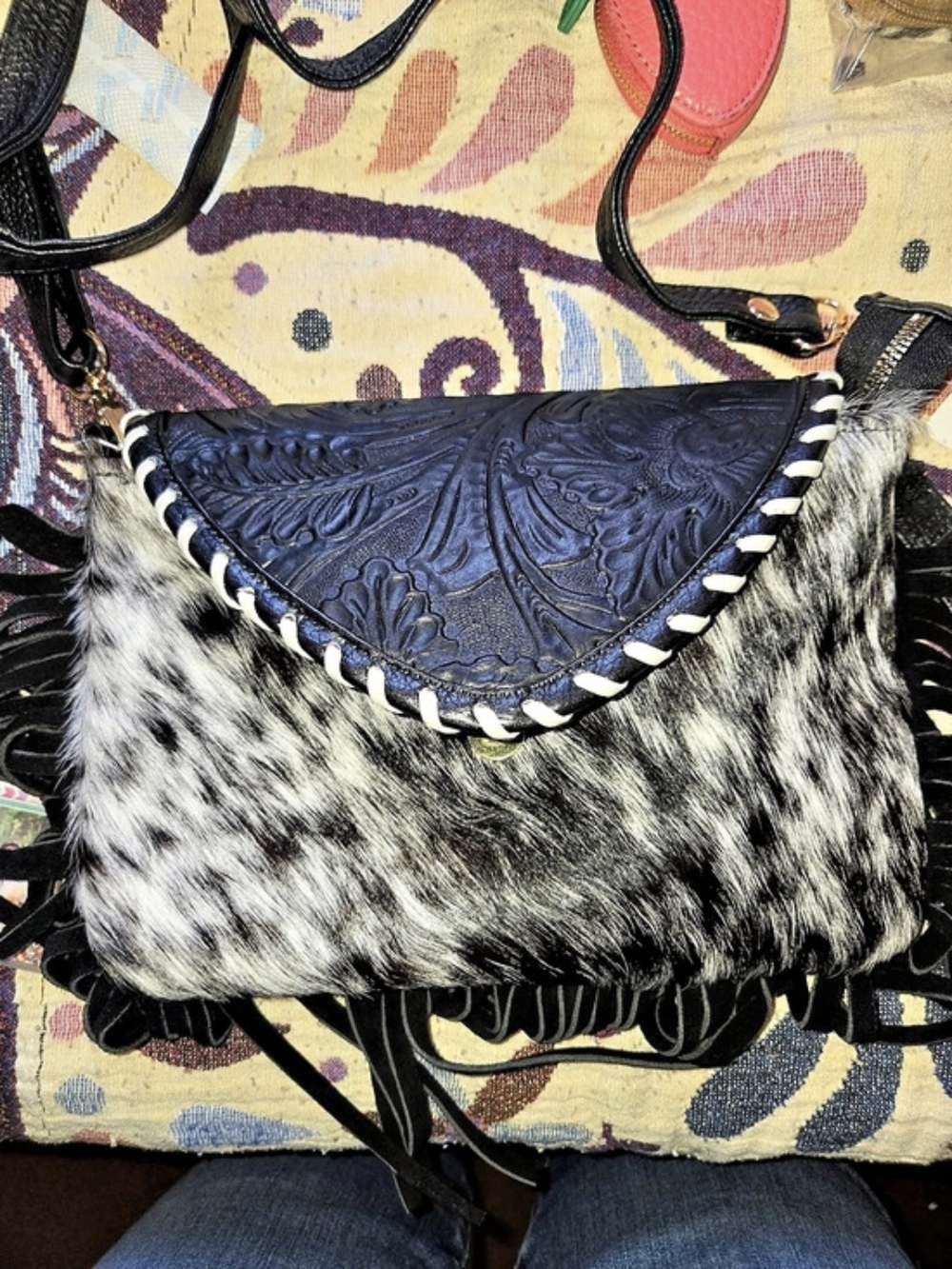 Black & Gray Tooled Floral Fringe Crossbody